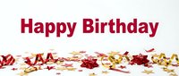 Happy Birthday banner with red text, gold and red star confetti, ribbon bows on white background for greeting cards and celebrations.