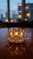 Crystal lotus flower candle holder with glowing flame on wooden table against blurred city lights background creating warm ambient atmosphere for relaxation.