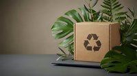 Eco-friendly cardboard shipping box with recycling symbol surrounded by green tropical plants on modern desk for sustainable packaging solutions.