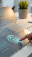 Person with medium skin tone touching holographic envelope icon on transparent digital tablet at modern workspace with potted plant and keyboard.