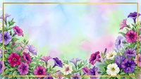 Watercolor floral border frame with purple pink flowers on pastel rainbow background for wedding invitations greeting cards scrapbooking design projects.