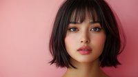 Young Asian woman with short bob haircut and bangs against pink background, showcasing natural makeup with focus on glossy pink lips.
