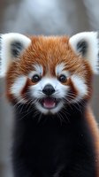 Smiling red panda close-up portrait showing happy expression with open mouth and bright eyes against blurred background, displaying adorable facial features and fluffy fur.