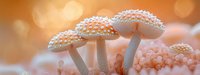 White spotted mushrooms growing in soft pink moss against blurred orange background, creating dreamy forest atmosphere with delicate bokeh light effects.