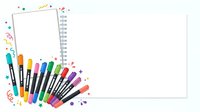 Colorful markers and spiral notebook arranged on white background with decorative doodles and confetti elements, ready for design projects, education materials, and creative stationery concepts.