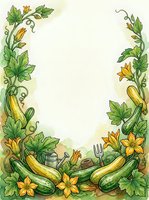 Vegetable garden border frame with zucchini, cucumber, and squash blossoms on cream background, isolated design element for menus, recipes, and culinary projects.