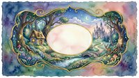 Watercolor fantasy frame with enchanted forest, fairy tale cottage, castle, deer, and blank oval center for custom text or design.