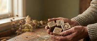 Hands holding wooden blocks with numbers and symbols on rustic surface near dried flowers and window light, representing time management, planning, and organization concepts.