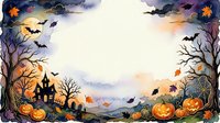 Halloween autumn frame with spooky haunted house, jack-o-lantern pumpkins, bare trees, flying bats and falling leaves on white background for seasonal design.
