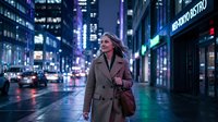 Young blonde businesswoman walking through illuminated city street at night wearing elegant coat with urban lights and traffic creating atmospheric backdrop.