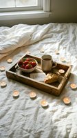 Romantic breakfast in bed tray with strawberries, coffee, scone, love note, and glowing tea candles on white linen sheets.