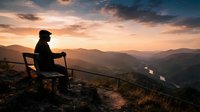 Man sitting on chair overlooking mountain valley at sunset, contemplating scenic landscape with golden sky and distant hills, suitable for wellness and lifestyle concepts.