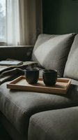 Cozy living room interior with wooden tray and ceramic cups on gray sofa near window for relaxation and home comfort lifestyle.