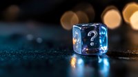 Glowing transparent cube with question mark symbol on dark surface with bokeh lights background for mystery and uncertainty concepts.