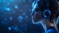 Young Asian woman in glasses and headset against blue bokeh background, profile view with glowing digital elements and particles creating futuristic atmosphere.