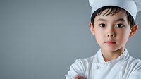 Young Asian boy in professional chef uniform and hat looking confidently at camera against gray background, future culinary concept for cooking school promotion.