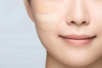 Close up of Asian woman's lower face with foundation makeup swatches on cheek showing smooth skin texture and natural pink lips against light background.