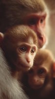 Adorable baby monkey with large expressive eyes nestled close to mother in warm golden light showcasing tender maternal bond and family connection.