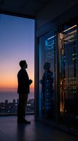 Male IT professional silhouette standing by server room at sunset overlooking city skyline from modern office building during golden hour twilight.