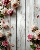 Delicate pink and cream roses with scattered petals arranged on rustic white wooden planks, creating romantic flat lay composition for wedding or floral design.