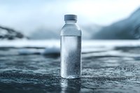 Clear plastic bottle with pure water standing on wet surface against blurred mountain landscape in cold blue tones, representing freshness and purity.
