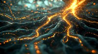 Glowing orange energy streams flow through dark neural network, creating luminous connections against abstract background with bokeh light effects.