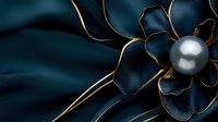 Elegant metallic flower brooch with dark teal petals and pearl center against dark background, luxury jewelry detail macro photography.