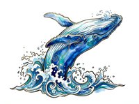 Blue whale leaping from stylized ocean waves with water splashes, isolated on white background for design, print, and marine-themed projects.