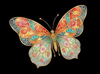 Ornate butterfly with intricate floral patterns in gold, red, teal, and green. Isolated on transparent background, ready for t-shirts, clipart, stickers, sublimation, and print-on-demand designs.