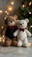 Brown and white teddy bears with red bow ties standing together against blurred Christmas lights background, creating festive holiday atmosphere.