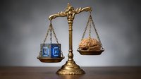 Golden scales of justice balancing artificial intelligence cubes against human brain, representing technology versus humanity ethical dilemma.