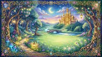 Enchanted fairy tale landscape with golden castle, magical forest, crescent moon and ornate decorative border for fantasy storytelling and children's books.
