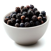 Fresh and dried juniper berries in white ceramic bowl on white background, macro food photography for culinary and cooking designs.