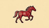 Red horse silhouette with traditional Chinese ornamental patterns and symbols on beige background for lunar new year celebration and cultural design.