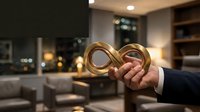 Businessman holding golden infinity symbol in modern luxury apartment with city lights and contemporary furniture in background at night.