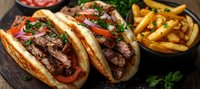 Grilled steak sandwich with tender sliced beef, fresh herbs, red bell peppers on toasted bun served with golden french fries and tomato garnish on rustic wooden board.