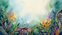 Watercolor landscape with ornamental botanical borders, gold leaf accents, and abstract floral patterns in soft pastel tones, suitable for backgrounds, invitations, and decorative design projects.