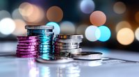 Stacked silver coins on blurred bokeh background with colorful neon lighting effects creating modern financial concept for banking, savings and investment.