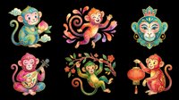 Colorful monkey characters isolated on transparent background, ready for t-shirt design, clipart, stickers, sublimation and print-on-demand projects.