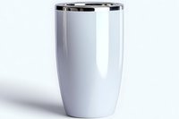 White stainless steel tumbler with silver rim on white background, modern minimalist design for beverages, isolated product photography for mockup use.