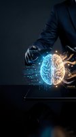 Businessman holding glowing neon brain with analytical and creative hemispheres, digital circuit patterns, and light effects on dark background for innovation and intelligence concepts.