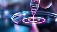 Futuristic laboratory research with DNA analysis visualization in petri dish. Glowing neon circles and pipette dropping sample on dark background with bokeh effect.