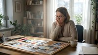 Middle-aged woman with glasses reviewing magazine layouts and design samples at wooden desk in bright home office with bookshelves and plants.