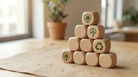 Wooden blocks stacked in a pyramid with green eco icons including recycling, wind energy, and leaf symbols on a natural surface.