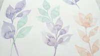 Watercolor botanical branches with delicate leaves in soft purple, mint green and peach tones on textured paper background for spring decor projects.