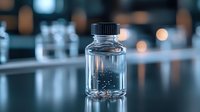 Clear glass bottle with liquid on blurred laboratory background, soft bokeh lights create scientific atmosphere. Medical research and pharmaceutical concept.