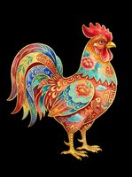 Colorful decorative rooster with ornate floral patterns, isolated on transparent background. Ready for t-shirts, clipart, stickers, sublimation, and print-on-demand designs.