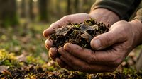 Farmer hands holding rich dark compost soil for organic gardening and sustainable agriculture in natural outdoor setting.
