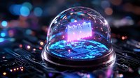 Futuristic microchip under glass dome with glowing neon lights and circuit board background creating cyberpunk atmosphere with bokeh effect and purple illumination.