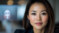 Professional Asian businesswoman in modern office environment during video conference call with confident expression and corporate attire.